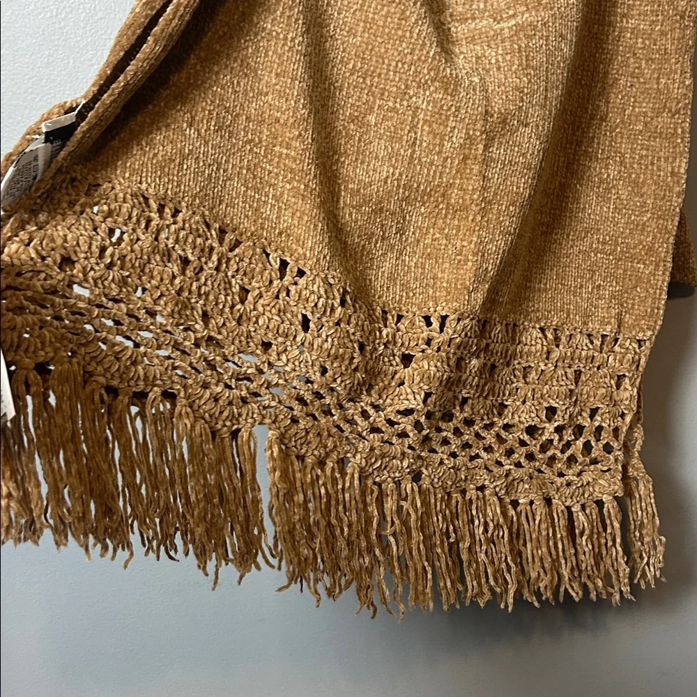 Stan Herman Elegant Tan Crochet Fringe Wrap soft and warm rectangular